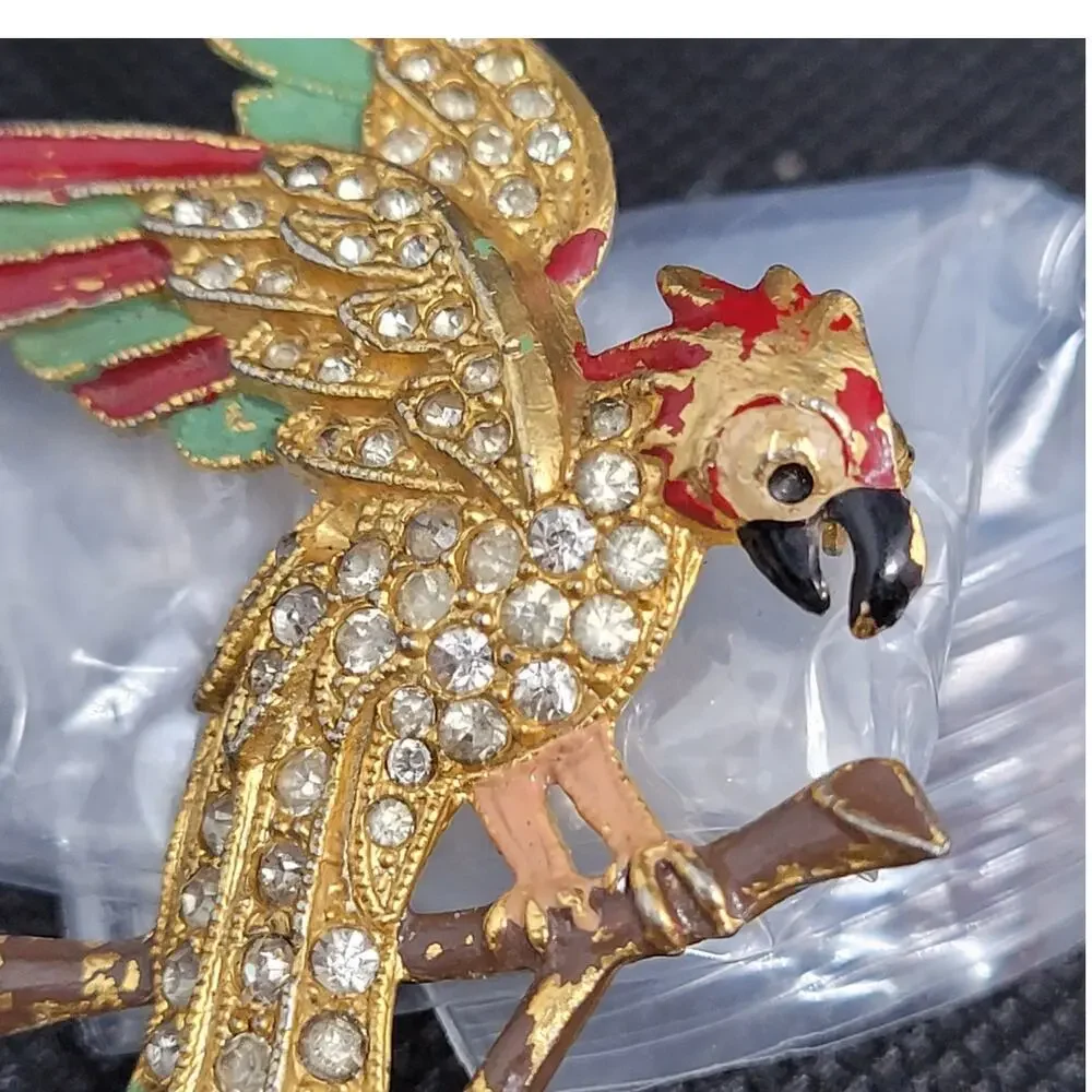 Vintage Parrot‎ Brooch Gold Tone Red Green Enamel Whimsical Animalcore